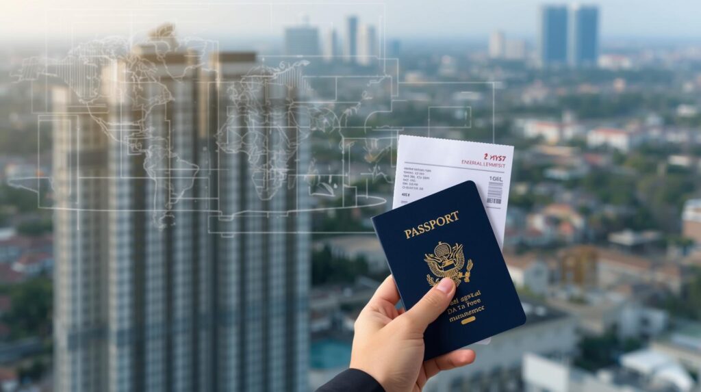 不動産を背景に、パスポートを持っている手。