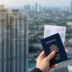 不動産を背景に、パスポートを持っている手。