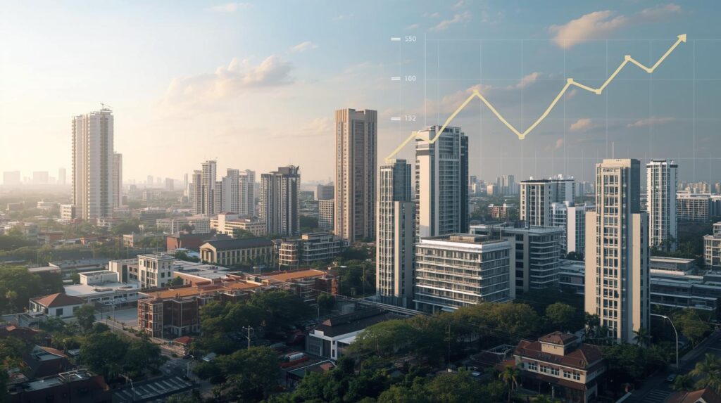 記事「CGT延期が生む選別投資の戦略」の画像。高層のコンドミニアムや建築物が映る都市と、グラフ。