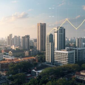 記事「CGT延期が生む選別投資の戦略」の画像。高層のコンドミニアムや建築物が映る都市と、グラフ。